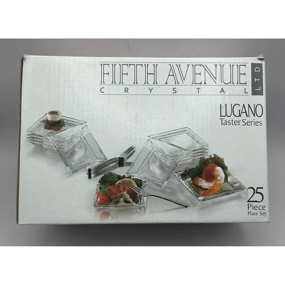 Fifth Avenue Crystal Lugano Taster Series 25 pc Set Square Glass Plates Forks